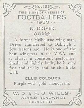 1933 Wills's Victorian Footballers (Large) #153 Norman Driver Back